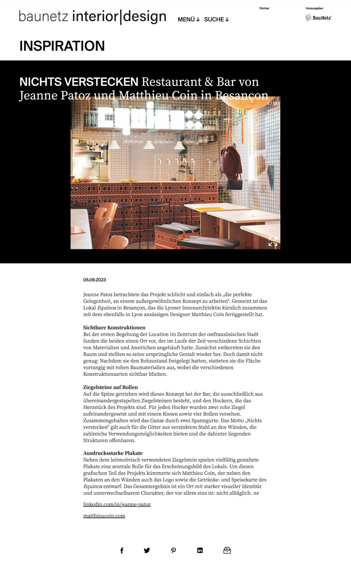 Article sur Jeanne Patoz pour le bar Equinox dans le magazine Baunetz interior design